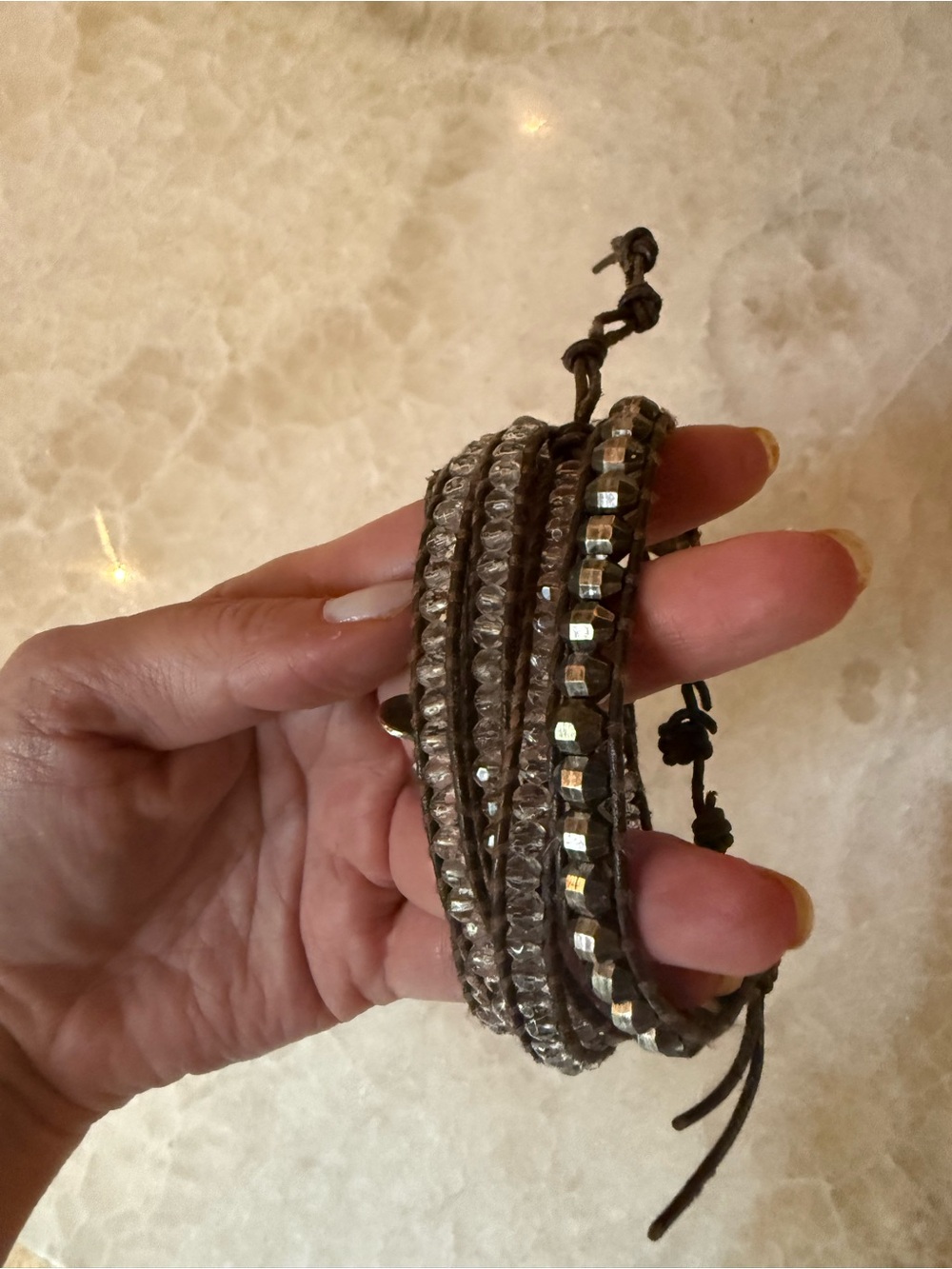 TWO Chan Luu Crystal Wrap Bracelets on Dark Brown Leather Cord